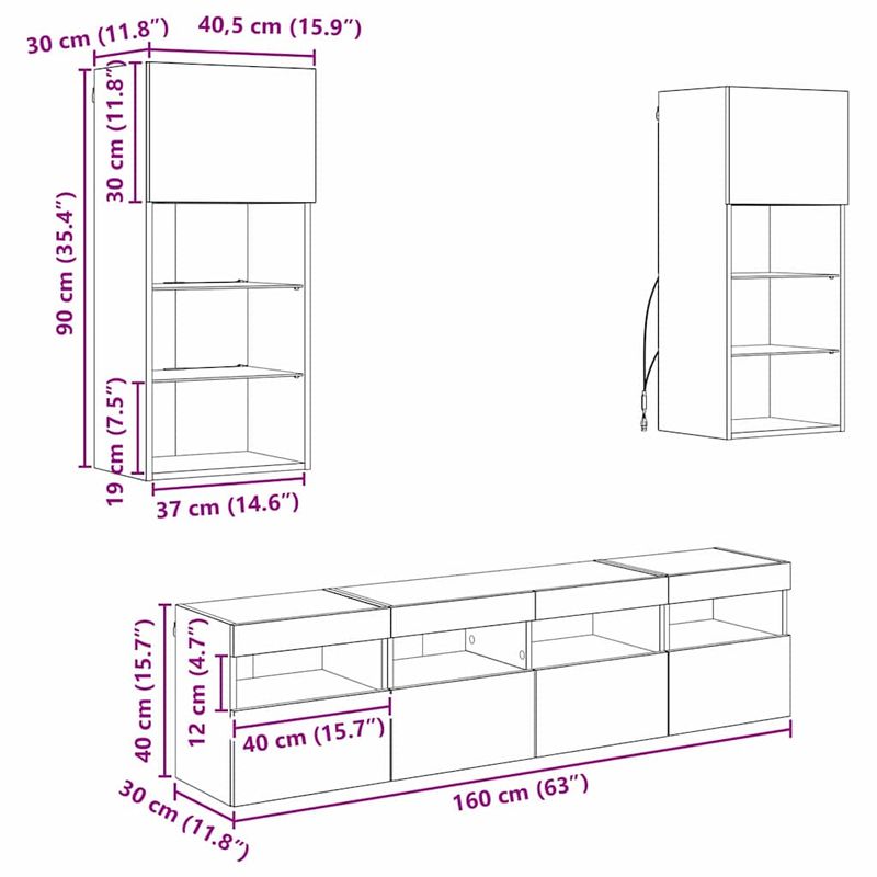 Casa si Gradina - Mobilier - Comode si corpuri - Comode - Unitati TV de perete cu LED 5 pcs Stejar Negru - Infinity.ro