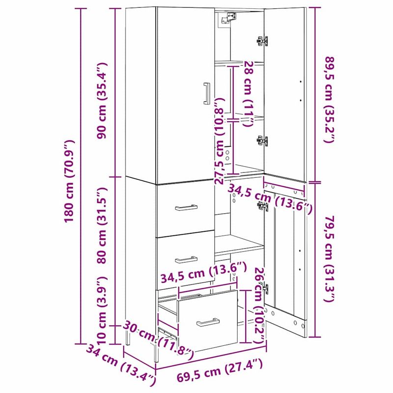 Casa si Gradina - Mobilier - Comode si corpuri - Corpuri bucatarie - Bufet Pe perete Lemn Vechi 69,5 x 34 x 180 cm Lemn compozit - Infinity.ro