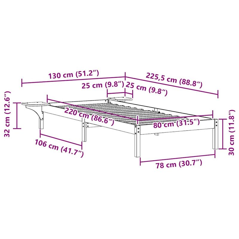 Casa si Gradina - Mobilier - Paturi si accesorii - Paturi - Cadru de pat cu mese laterale Alb 80 x 220 cm Lemn de pin masiv - Infinity.ro