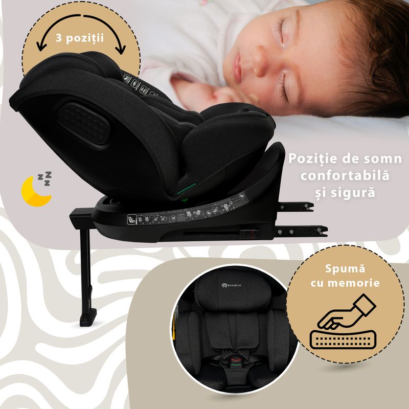 Jucarii, Copii si Bebe - Carucioare si articole de transport - Scaune auto copii - Scaun auto Appekids, I-SIZE, 40-150 cm, Rear Facing 360°, Pro Confort - Black - Infinity.ro