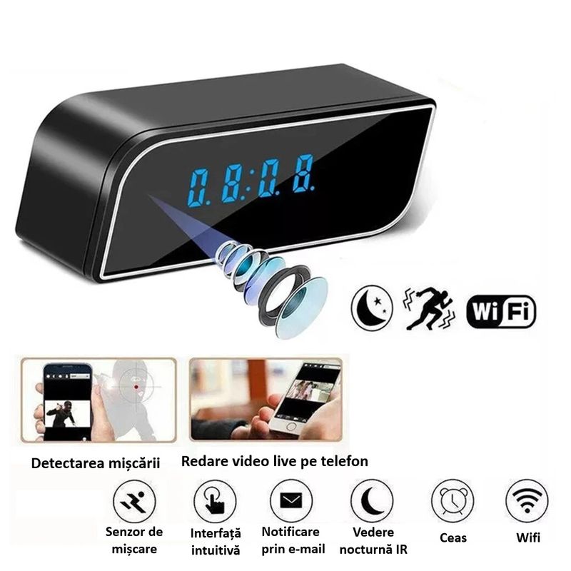 Laptop, Telefoane si Tablete - Wearables si gadgeturi - Gadgeturi - Dispozitive spionaj - Mini Camera Spion, Ascunsa in Ceas Desteptator cu Wi-Fi IP,1080p, Negru, SD card 32GB inclus - Infinity.ro