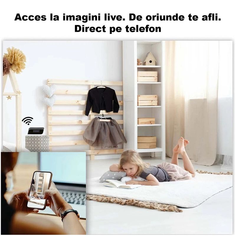 Laptop, Telefoane si Tablete - Wearables si gadgeturi - Gadgeturi - Dispozitive spionaj - Mini Camera Spion, Ascunsa in Ceas Desteptator cu Wi-Fi IP,1080p, Negru, SD card 32GB inclus - Infinity.ro