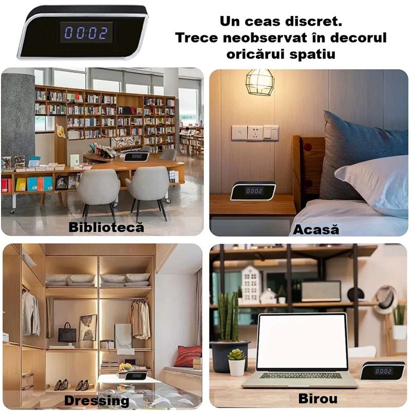 Laptop, Telefoane si Tablete - Wearables si gadgeturi - Gadgeturi - Dispozitive spionaj - Mini Camera Spion, Ascunsa in Ceas Desteptator cu Wi-Fi IP,1080p, Negru, SD card 32GB inclus - Infinity.ro