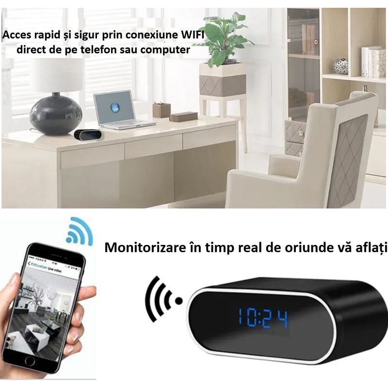 Laptop, Telefoane si Tablete - Wearables si gadgeturi - Gadgeturi - Dispozitive spionaj - Cameră spion ascunsă în ceas cu WiFi, Sinzo, Full HD 1080P, detectare mișcare, negru, inclus 32GB - Infinity.ro