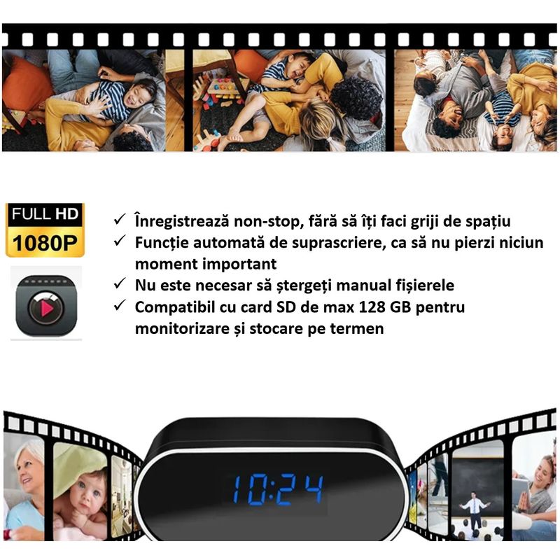 Laptop, Telefoane si Tablete - Wearables si gadgeturi - Gadgeturi - Dispozitive spionaj - Cameră spion ascunsă în ceas cu WiFi, Sinzo, Full HD 1080P, detectare mișcare, negru, inclus 32GB - Infinity.ro