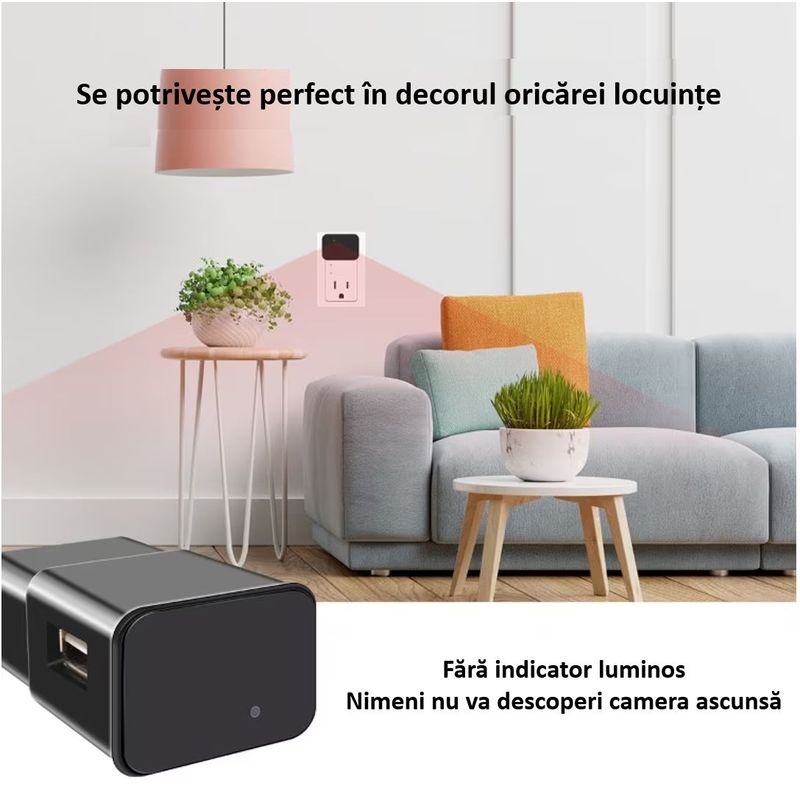 Laptop, Telefoane si Tablete - Wearables si gadgeturi - Gadgeturi - Dispozitive spionaj - Incarcator USB cu Camera Ascunsa Full HD 1080P, WIFI, Negru - Infinity.ro