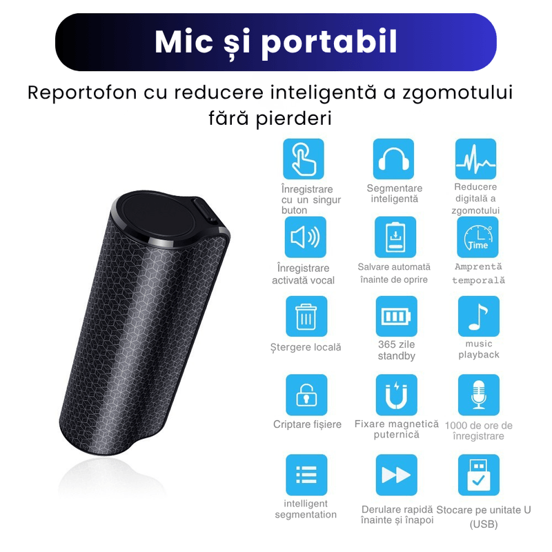 TV, Audio-Video si Foto - Portabile audio - Reportofoane - Reportofon Spion Profesional Q70, 8GB, Magnet Puternic, Negru - Infinity.ro