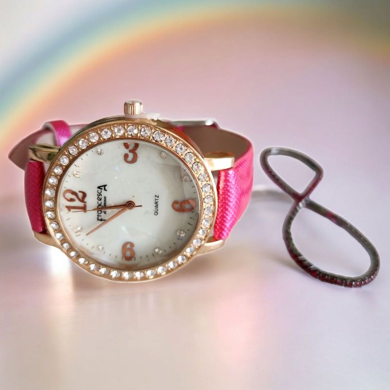 Fashion, accesorii si bijuterii - Femei - Bijuterii femei - Ceasuri femei - Set Ceas Casual de Damă cu Brățară Inclusă, display analog, mecanism quartz, curea piele ecologica lacuita, roz - Infinity.ro