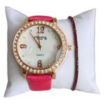 Fashion, accesorii si bijuterii - Femei - Bijuterii femei - Ceasuri femei - Set Ceas Casual de Damă cu Brățară Inclusă, display analog, mecanism quartz, curea piele ecologica lacuita, roz - Infinity.ro