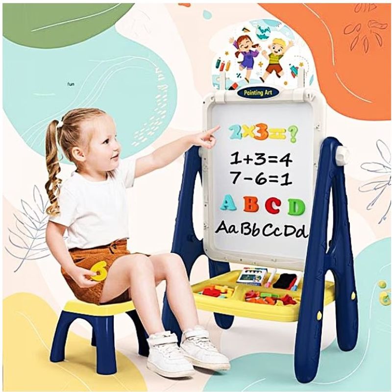 Jucarii, Copii si Bebe - Jucarii si jocuri - Jucarii & jocuri educative - Jocuri si jucarii educative - Tabla educativa magnetica 2 in 1 cu scaunel, e-Wantay, multicolor, 36, 5x25, 5x69 cm, set cu accesorii inclus - Infinity.ro