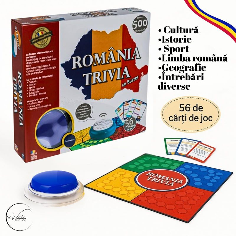 Jucarii, Copii si Bebe - Jucarii si jocuri - Jocuri si puzzle - Jocuri de societate - TRIVIA ROMANIA e-Wantay – Joc electronic cu Buzzer vorbitor, 500 intrebari, 2 niveluri, 56 carti, familie si prieteni - Infinity.ro