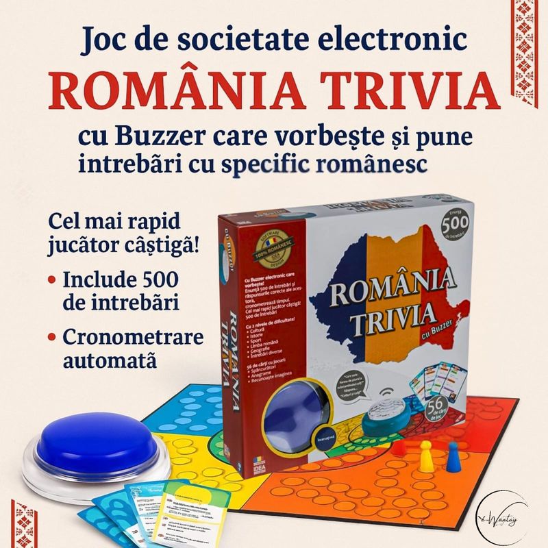 Jucarii, Copii si Bebe - Jucarii si jocuri - Jocuri si puzzle - Jocuri de societate - TRIVIA ROMANIA e-Wantay – Joc electronic cu Buzzer vorbitor, 500 intrebari, 2 niveluri, 56 carti, familie si prieteni - Infinity.ro