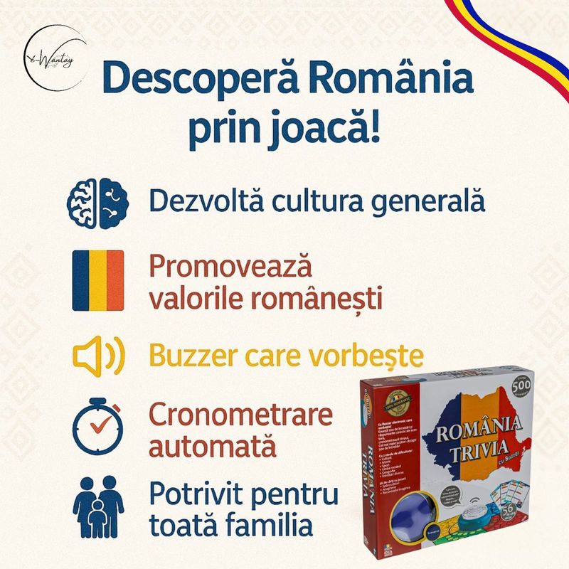 Jucarii, Copii si Bebe - Jucarii si jocuri - Jocuri si puzzle - Jocuri de societate - TRIVIA ROMANIA e-Wantay – Joc electronic cu Buzzer vorbitor, 500 intrebari, 2 niveluri, 56 carti, familie si prieteni - Infinity.ro