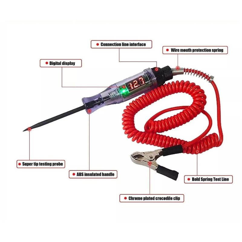 Auto si Moto - Reparatii si depanare - Scule auto - Testere si multimetre - Tester tensiune auto 6–24V DC cu afisaj digital, cablu spiralat rosu, sonda metalica subtire, clema crocodil - Infinity.ro