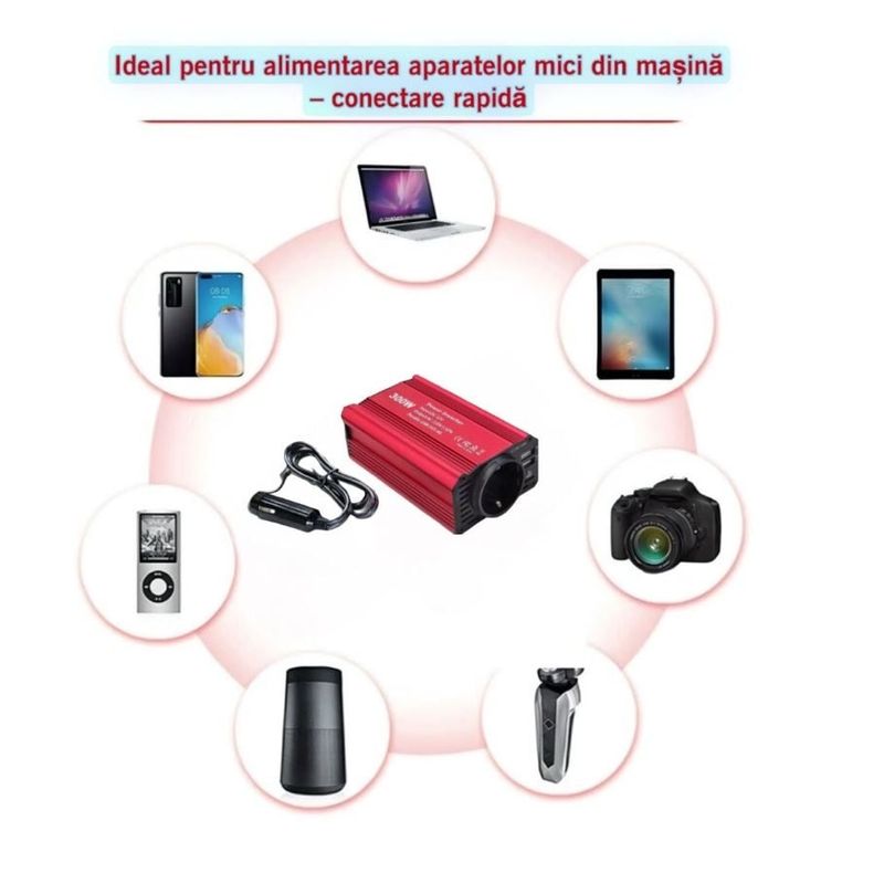 Auto si Moto - Reparatii si depanare - Invertoare auto - Invertor auto 300W 12V-220V cu USB-C PD 65W si USB QC3.0, convertor tensiune pentru laptop, telefon, tableta, camera - Infinity.ro