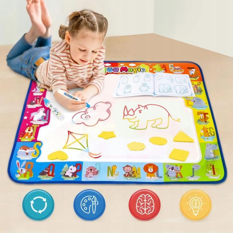 Jucarii, Copii si Bebe - Jucarii si jocuri - Jucarii & jocuri educative - Seturi pictura si desen - Covoras pentru pictura si desen cu apa NewEvo, 4 sabloane plus forme din spuma, 2 stilouri cu apa , 120x90 cm - Infinity.ro