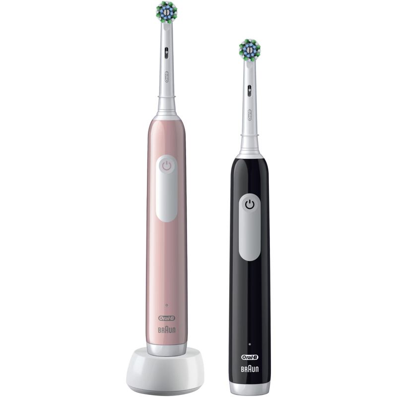 Ingrijire personala si Cosmetice - Igiena dentara - Periute de dinti electrice - Set 2x Periuta de dinti electrica Oral-B Pro 1, Curatare 3D, 1 program, 1 capat de periaj, Negru/Roz - Infinity.ro