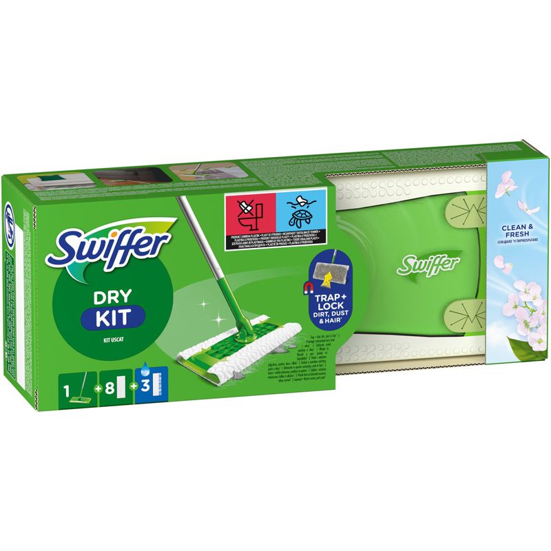 Market - Curatenie si intretinere casa - Produse menaj - Mopuri - Trusa de baza cu Mop Uscat/Umed Swiffer Trap & Lock 1 Mop, 8 Rezerve lavete uscate + 3 Rezerve lavete umede - Infinity.ro