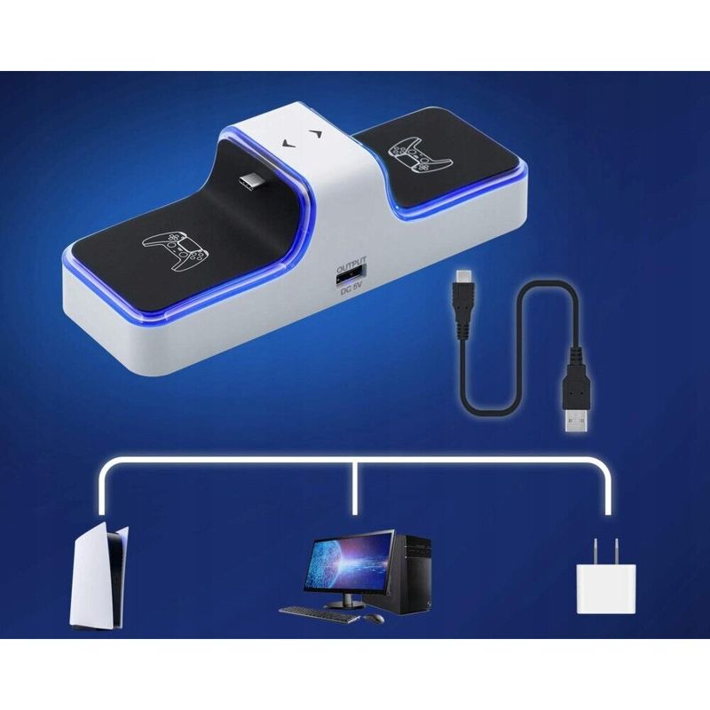 PC, gaming si accesorii - Gaming - Accesorii gaming - Accesorii console gaming - Statie de incarcare controller PS5 Honcam, stand dublu, incarcare rapida, indicator incarcare, Alb/Negru - Infinity.ro