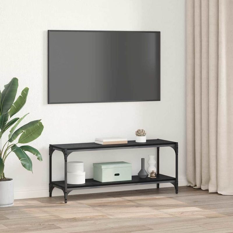 Casa si Gradina - Mobilier - Biblioteci si rafturi - Biblioteci - Cabinet TV Stejar Negru 100x33x41cm Lemn Ingineresc si Fier - Infinity.ro