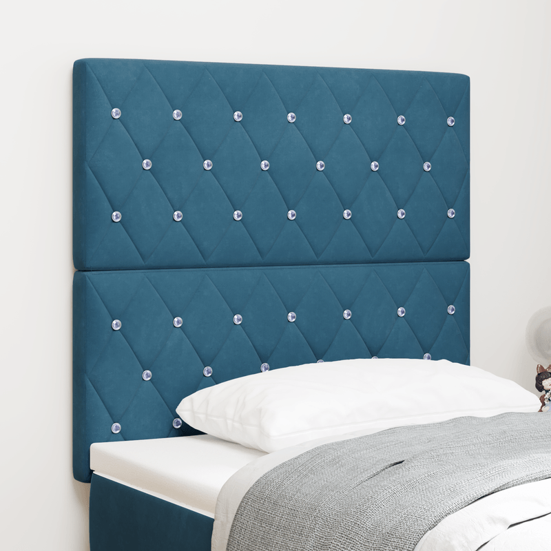 Casa si Gradina - Mobilier - Paturi si accesorii - Accesorii paturi - Tablie de pat tapitata albastra inchisa cu buton de cristal 90 cm din catifea - Infinity.ro
