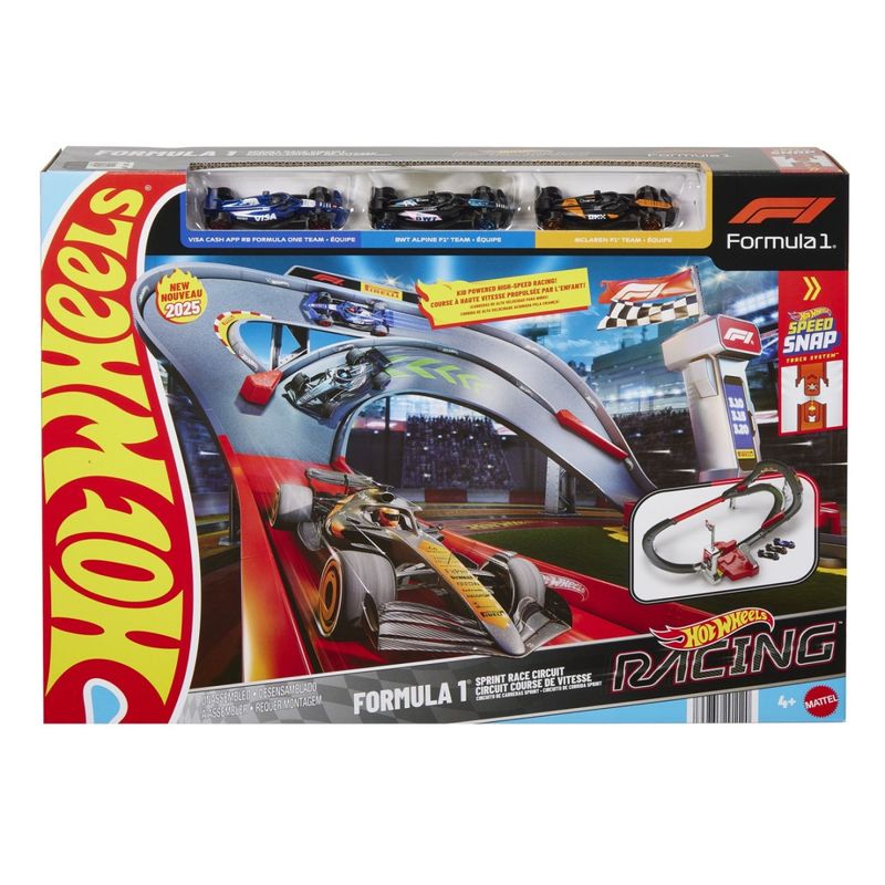 Jucarii, Copii si Bebe - Jucarii si jocuri - Jucarii & jocuri educative - Jucarii interactive - Set de joaca circuit de curse cu 3 masinute incluse,  Hot Wheels Formula 1 - Infinity.ro