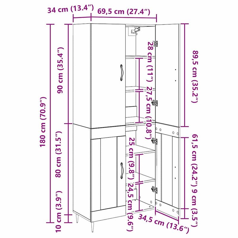 Casa si Gradina - Mobilier - Comode si corpuri - Corpuri bucatarie - Bufet Stejar Artizanal 69,5 x 34 x 180 cm Lemn compozit - Infinity.ro