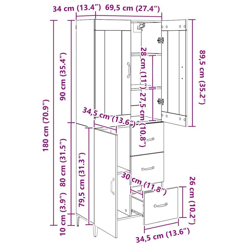 Casa si Gradina - Mobilier - Comode si corpuri - Corpuri bucatarie - Bufet Stejar Artizanal 69,5 x 34 x 180 cm Lemn compozit - Infinity.ro