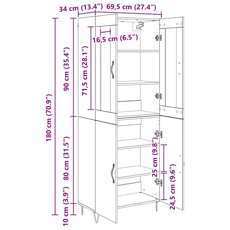 Casa si Gradina - Mobilier - Comode si corpuri - Corpuri bucatarie - Bufet Stejar alb si negru 69,5 x 34 x 180 cm Lemn compozit - Infinity.ro
