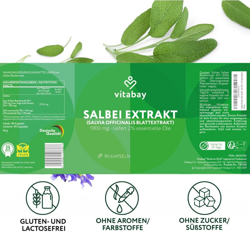 Ingrijire personala si Cosmetice - Sanatate si wellness - Suplimente alimentare - Alte suplimente alimentare - Salvie Extract 1900 mg - 90 Capsule vegane, Vitabay - Infinity.ro