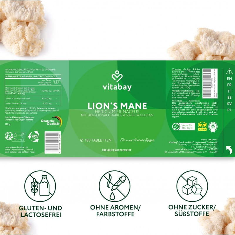 Ingrijire personala si Cosmetice - Sanatate si wellness - Suplimente alimentare - Alte suplimente alimentare - Lions Mane 60.000 mg - 180 Tablete vegane, Vitabay - Infinity.ro