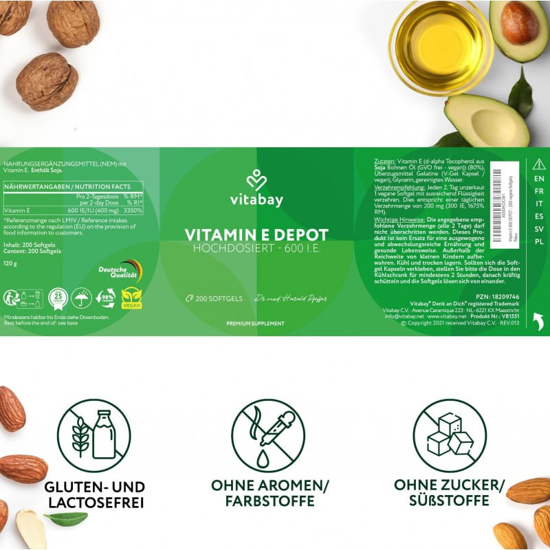 Ingrijire personala si Cosmetice - Sanatate si wellness - Suplimente alimentare - Alte suplimente alimentare - Vitabay Super Vitamina E 600 UI pe doza, doza mare, 200 Capsule vegan - Infinity.ro