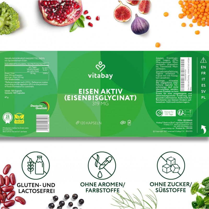 Ingrijire personala si Cosmetice - Sanatate si wellness - Suplimente alimentare - Alte suplimente alimentare - Fier Bisglycinat - 319 mg - 120 Capsule vegane, Vitabay - Infinity.ro