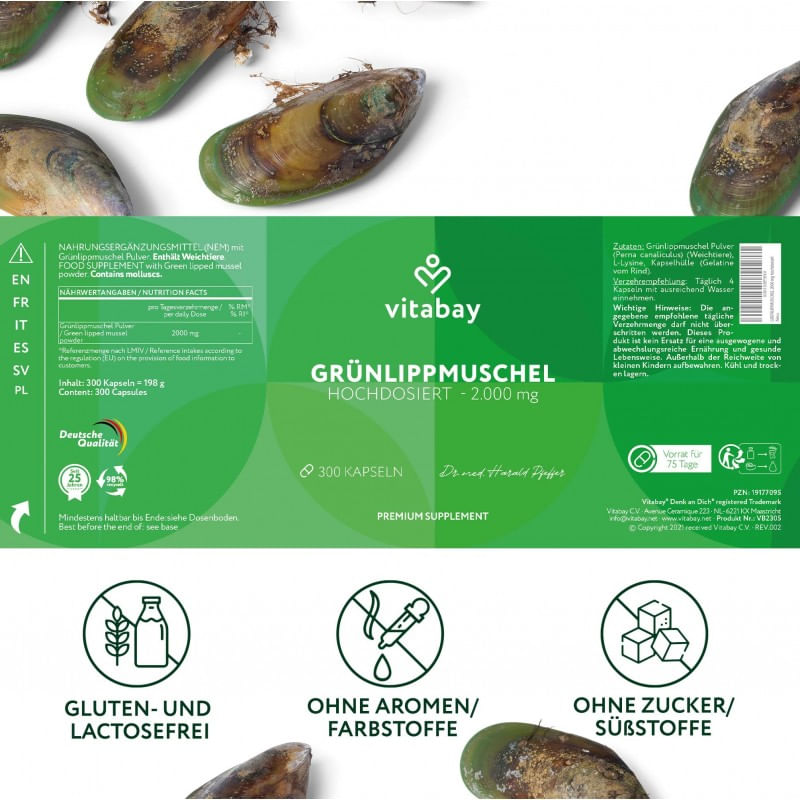 Ingrijire personala si Cosmetice - Sanatate si wellness - Suplimente alimentare - Alte suplimente alimentare - Green Lipped Mussel - Midie cu buze verzi (Grunlippmuschel) 2000 mg - Capsule, Vitabay - Infinity.ro