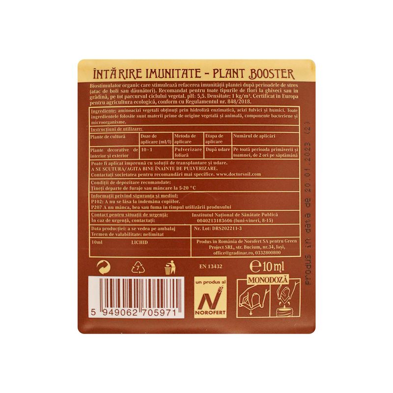 Casa si Gradina - Gradinarit si plante - Intretinere gradina - Pamant flori, ingrasaminte si pesticide - Dr.Soil PLANT BOOSTER, biostimulator cu rol de intarire a imunitatii plantei, monodoza de 10ml pentru 1L de solutie pentru pulverizat - Infinity.ro