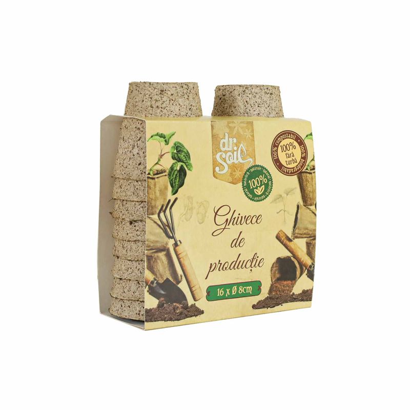 Casa si Gradina - Gradinarit si plante - Intretinere gradina - Pamant flori, ingrasaminte si pesticide - Set 16 ghivece biodegradabile rotunde pentru germinare si sadire Dr.Soil, cu diametrul de 8 cm - Infinity.ro
