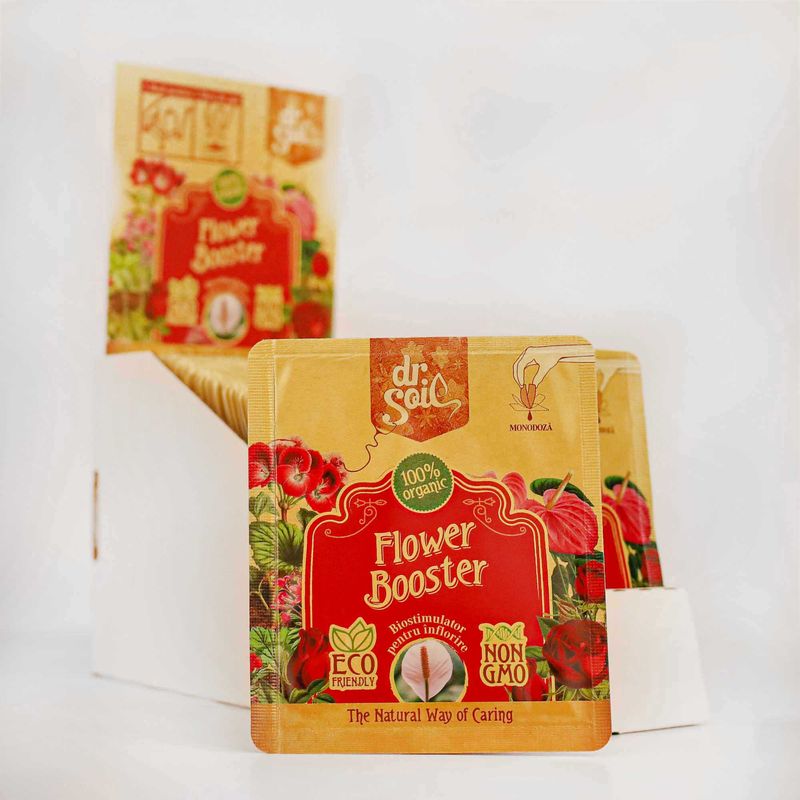Casa si Gradina - Gradinarit si plante - Intretinere gradina - Pamant flori, ingrasaminte si pesticide - Dr.Soil FLOWER BOOSTER, biostimulator cu rol de stimulare a infloririi, monodoza de 10ml pentru 1L de solutie pentru pulverizat - Infinity.ro