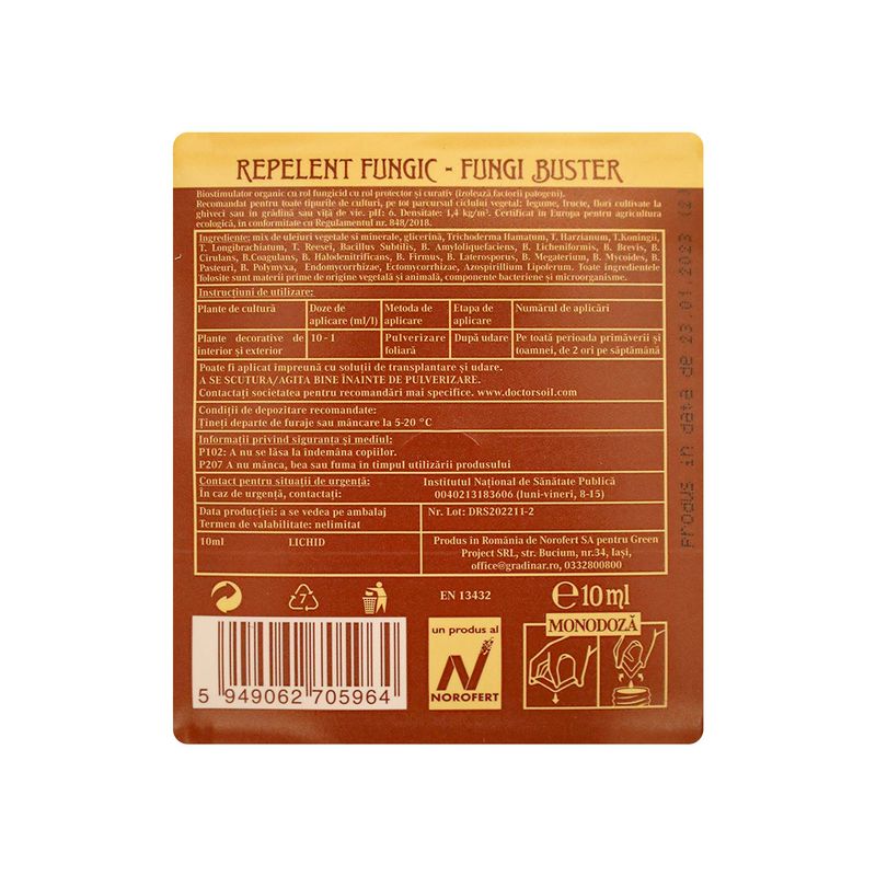 Casa si Gradina - Gradinarit si plante - Intretinere gradina - Pamant flori, ingrasaminte si pesticide - Dr.Soil FUNGI BUSTER, biostimulator cu rol fungicid, monodoza de 10ml pentru 1L de solutie pentru pulverizat - Infinity.ro