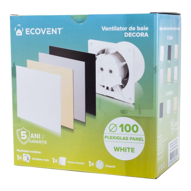Casa si Gradina - Sanitare - Suporturi si accesorii baie - Sisteme de ventilatie - Ventilator de baie Ecovent DECORA, Ø100, Super Silent, Plexiglas, Clapeta antiretur, Debit 93 m3/h, Garantie 5 ani, Alb - Infinity.ro