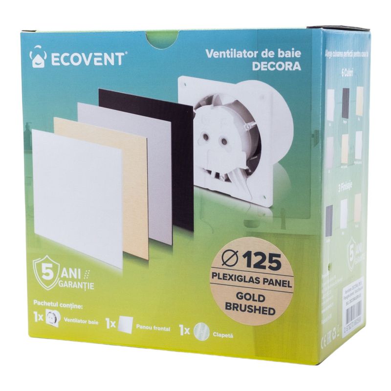 Casa si Gradina - Sanitare - Suporturi si accesorii baie - Sisteme de ventilatie - Ventilator de baie Ecovent DECORA, Ø125, Super Silent,Plexiglas, Clapeta antiretur, 140 m3/h, Auriu Satinat - Infinity.ro