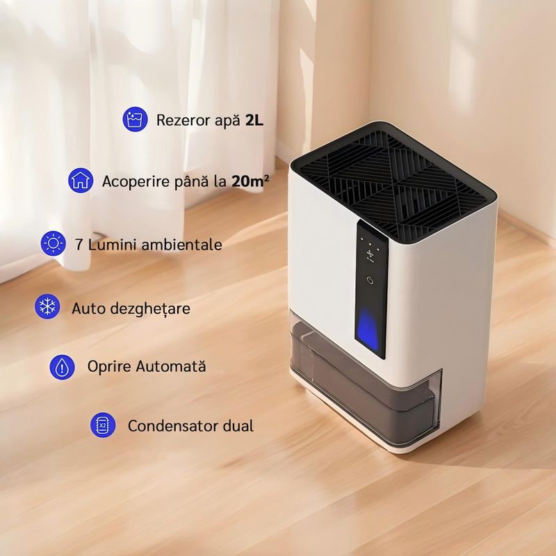Electronice si Electrocasnice - Climatizare si sisteme de incalzire - Aparate filtrare aer - Dezumidificatoare - Dezumidificator Evoair HIDRY PLUS, 900ml/24h, Lumina ambientala in 7 culori, Rezervor 1.9l, 3 Viteze, Alb - Infinity.ro