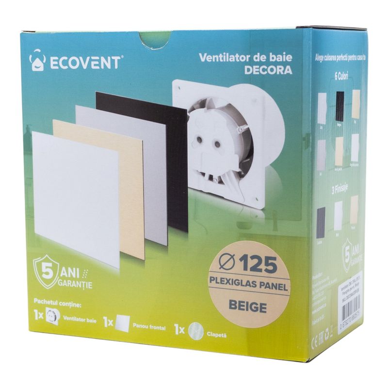 Casa si Gradina - Sanitare - Suporturi si accesorii baie - Sisteme de ventilatie - Ventilator de baie Ecovent DECORA, Ø125, Super Silent, Plexiglas, Clapeta antiretur, Debit 140 m3/h, Garantie 5 ani, Bej - Infinity.ro
