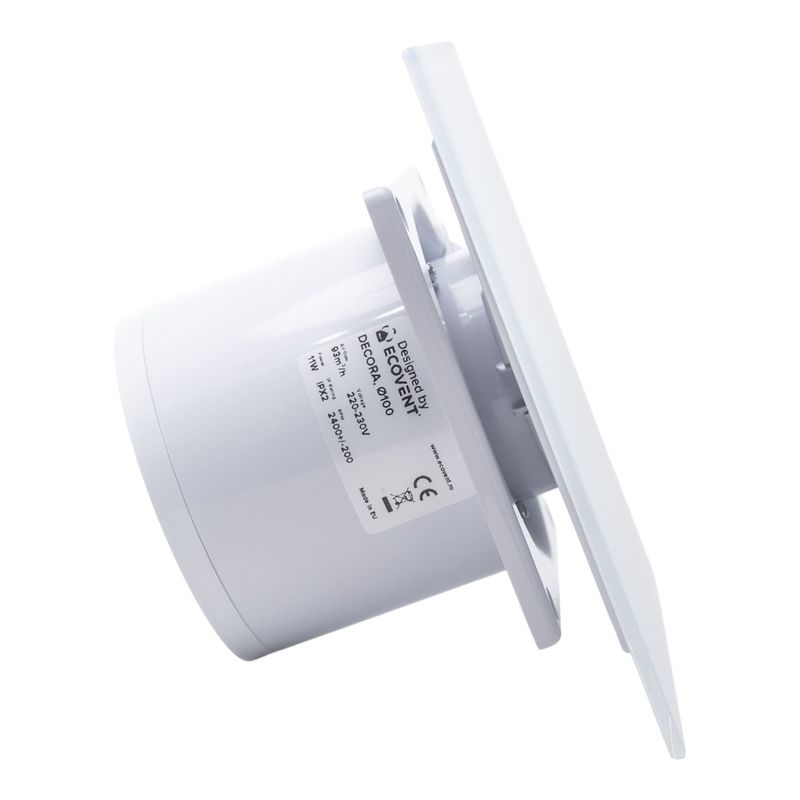 Casa si Gradina - Sanitare - Suporturi si accesorii baie - Sisteme de ventilatie - Ventilator de baie Ecovent DECORA SMART, Ø100,Silent, Senzor Umiditate, Timer, sticla, Clapeta antiretur,93 m3/h, Alb - Infinity.ro