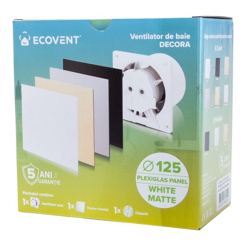 Casa si Gradina - Sanitare - Suporturi si accesorii baie - Sisteme de ventilatie - Ventilator de baie Ecovent DECORA, Ø125, Super Silent,Plexiglas, Clapeta antiretur, Debit 140 m3/h, Garantie 5 ani, Alb - Infinity.ro