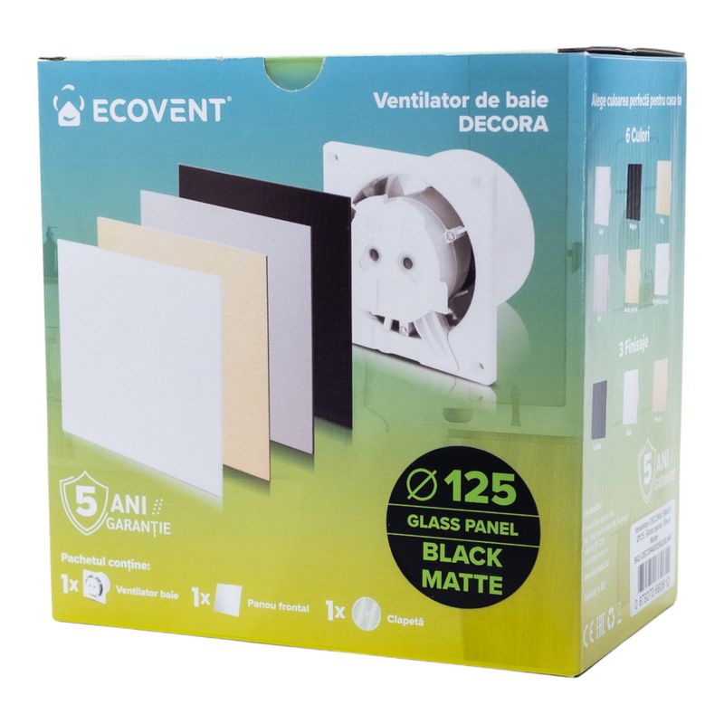 Casa si Gradina - Sanitare - Suporturi si accesorii baie - Sisteme de ventilatie - Ventilator baie Ecovent DECORA SMART,Ø125,Silent, Senzor Umiditate, Timer, sticla, Clapeta antiretur, 140 m3/h,Negru Mat - Infinity.ro