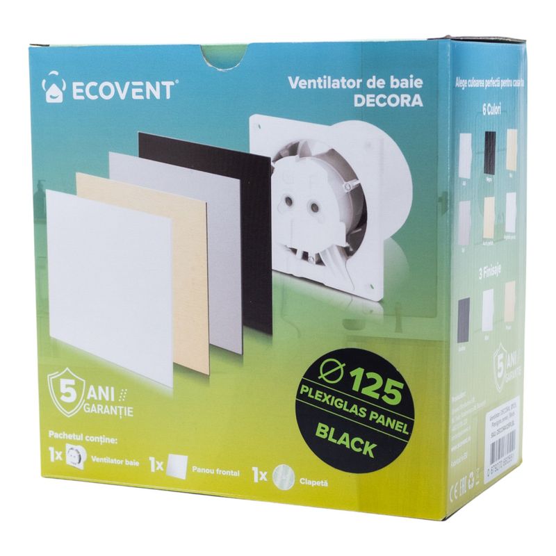 Casa si Gradina - Sanitare - Suporturi si accesorii baie - Sisteme de ventilatie - Ventilator de baie Ecovent DECORA, Ø125, Super Silent,Plexiglas, Clapeta antiretur, 140 m3/h, Garantie 5 ani, Negru - Infinity.ro