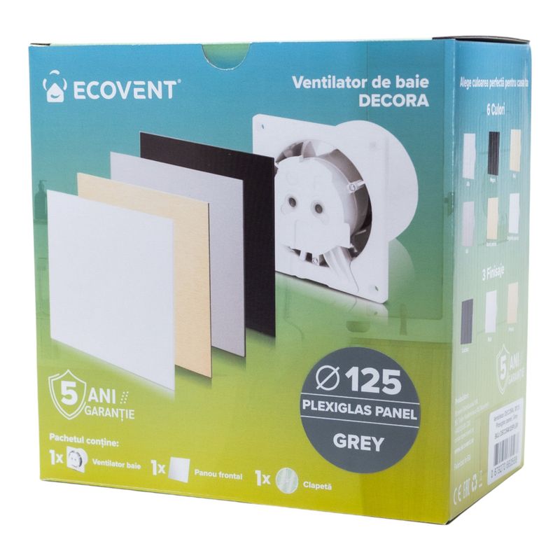 Casa si Gradina - Sanitare - Suporturi si accesorii baie - Sisteme de ventilatie - Ventilator de baie Ecovent DECORA, Ø125, Super Silent, Plexiglas, Clapeta antiretur, Debit 140 m3/h, Garantie 5 ani, Gri - Infinity.ro