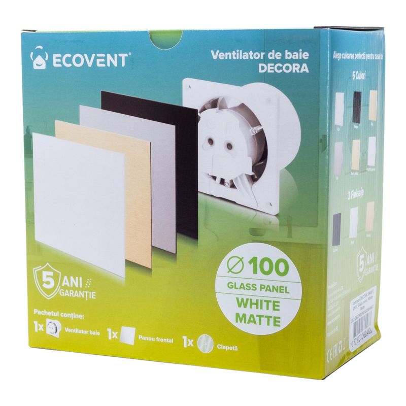Casa si Gradina - Sanitare - Suporturi si accesorii baie - Sisteme de ventilatie - Ventilator de baie Ecovent DECORA SMART, Ø100, Senzor Umiditate, Timer,sticla, Clapeta antiretur, 93 m3/h,Alb Mat - Infinity.ro