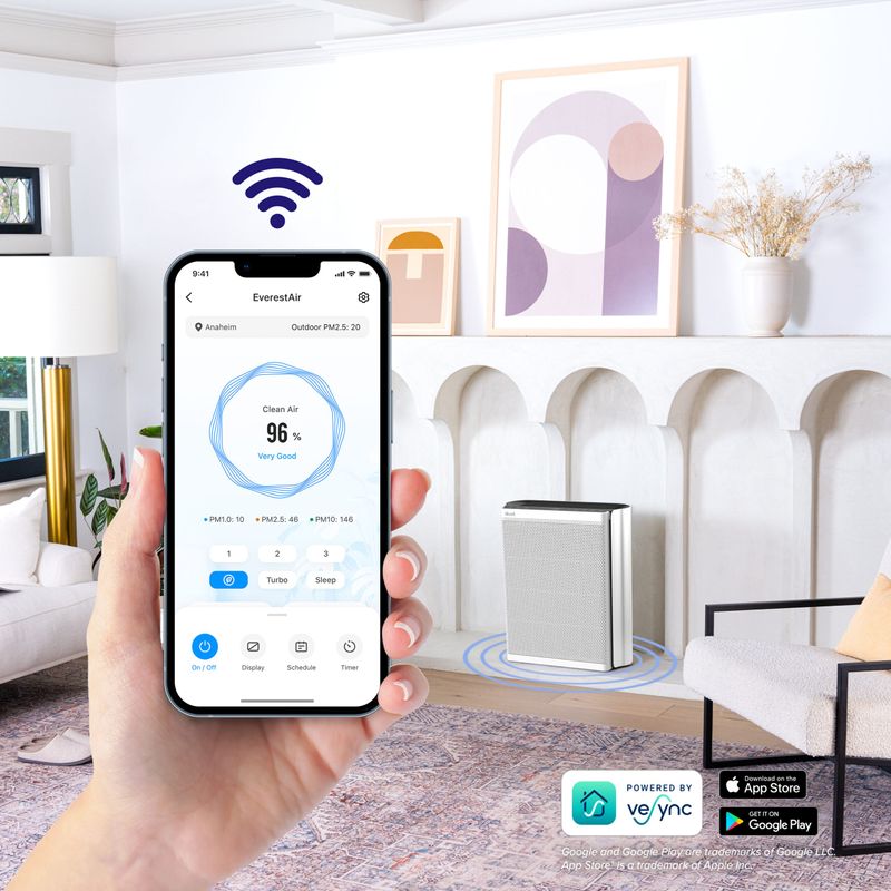 Electronice si Electrocasnice - Climatizare si sisteme de incalzire - Aparate filtrare aer - Purificatoare de aer - Purificator de aer Smart Levoit EverestAir Wi-Fi, Filtru True HEPA, 100 m², Flux de Aer Multidirectional, Mod Auto - Infinity.ro