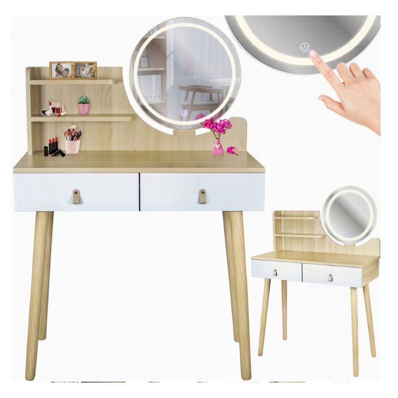 Casa si Gradina - Mobilier - Comode si corpuri - Masute de toaleta - Masuta de toaleta Scandi 4, oglinda rotunda LED 40 cm, 3 tipuri de lumina, 125x80x40 cm, MDF + lemn de pin, alb natur - Infinity.ro